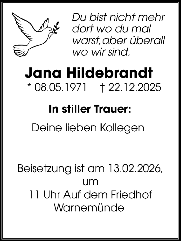  Traueranzeige für Jana Hildebrandt vom 11.02.2026 aus Ostsee-Zeitung GmbH