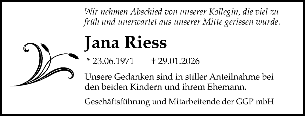 Traueranzeige für Jana Riess vom 07.02.2026 aus Ostsee-Zeitung GmbH