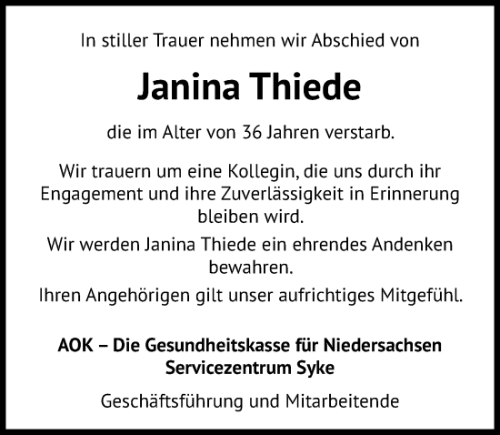 Traueranzeige von Janina Thiede von Die Harke