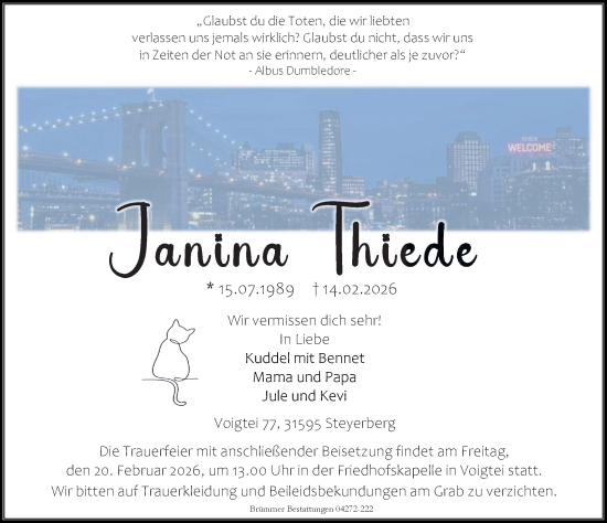 Traueranzeige von Janina Thiede von Die Harke