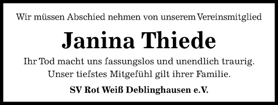 Traueranzeige von Janina Thiede von Die Harke