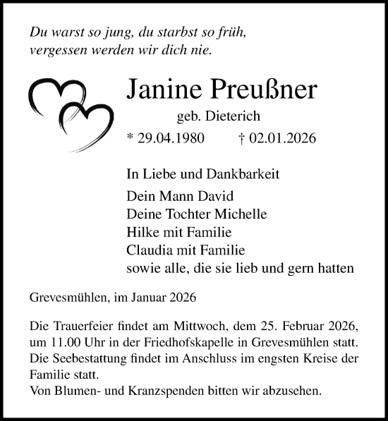Traueranzeige von Janine Preußner von Ostsee-Zeitung GmbH