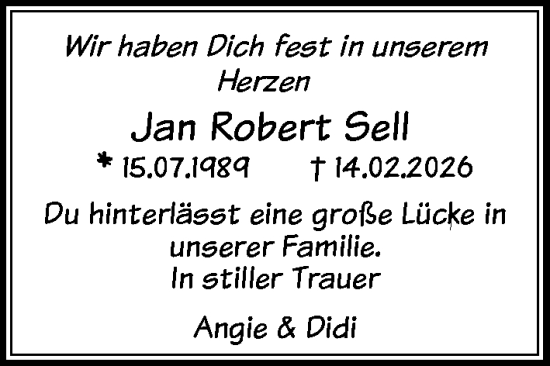 Traueranzeige von Jan Robert Sell von Kieler Nachrichten