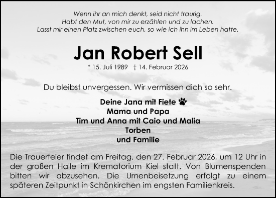 Traueranzeige von Jan Robert Sell von Kieler Nachrichten