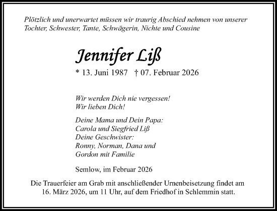 Traueranzeige von Jennifer Liß von Ostsee-Zeitung GmbH