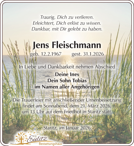 Traueranzeige von Jens Fleischmann von Torgauer Zeitung