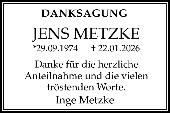 Traueranzeige von Jens Metzke von Peiner Allgemeine Zeitung