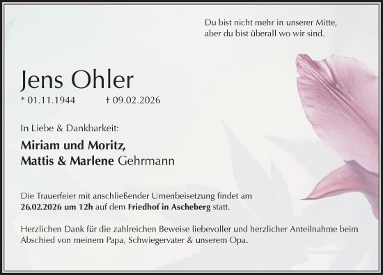 Traueranzeige von Jens Ohler von Kieler Nachrichten