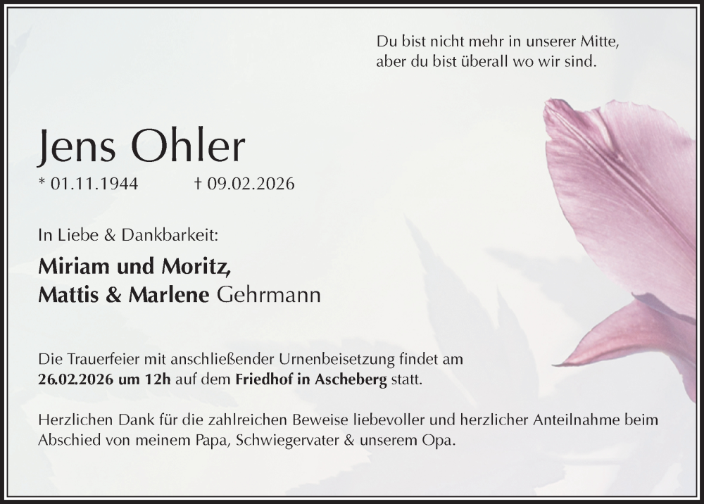  Traueranzeige für Jens Ohler vom 20.02.2026 aus Kieler Nachrichten
