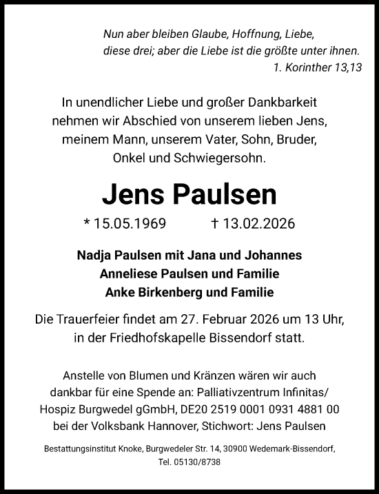 Traueranzeige von Jens Paulsen von Lübecker Nachrichten