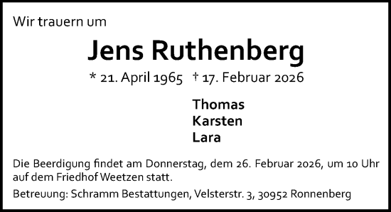 Traueranzeige von Jens Ruthenberg von Hannoversche Allgemeine Zeitung/Neue Presse