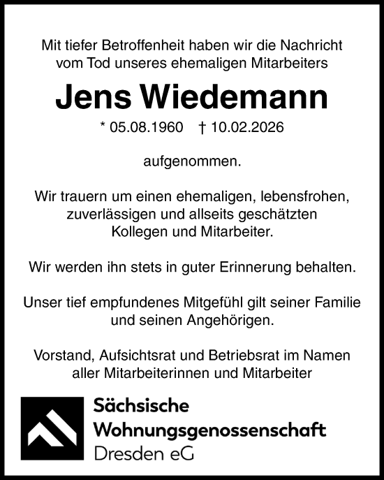 Traueranzeige von Jens Wiedemann von Sächsische Zeitung