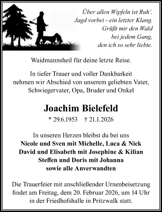 Traueranzeige von Joachim Bielefeld von Wochenspiegel