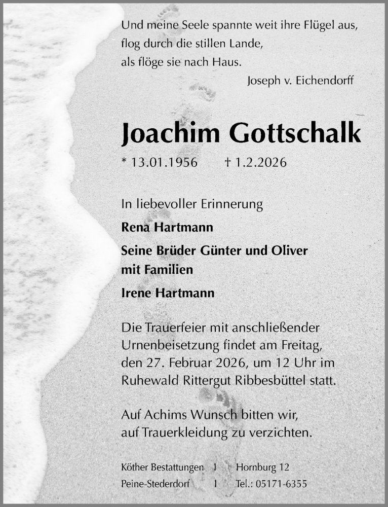  Traueranzeige für Joachim Gottschalk vom 21.02.2026 aus Peiner Allgemeine Zeitung
