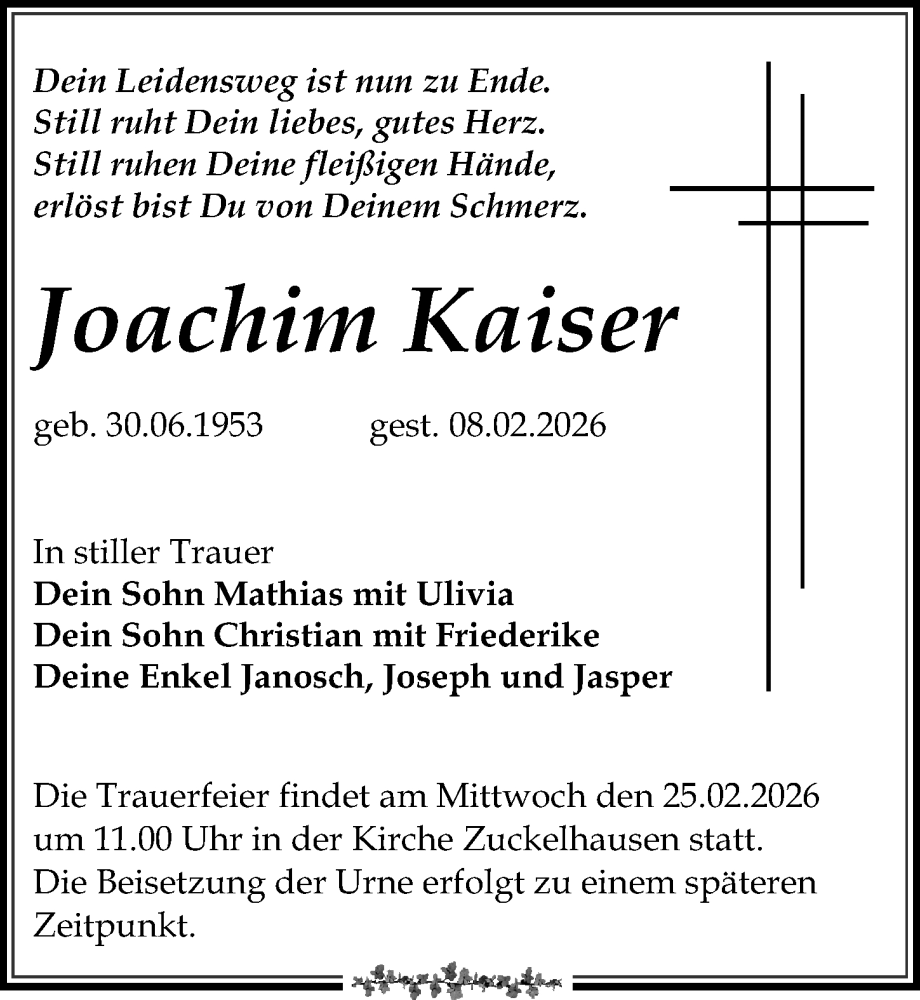  Traueranzeige für Joachim Kaiser vom 14.02.2026 aus Leipziger Volkszeitung