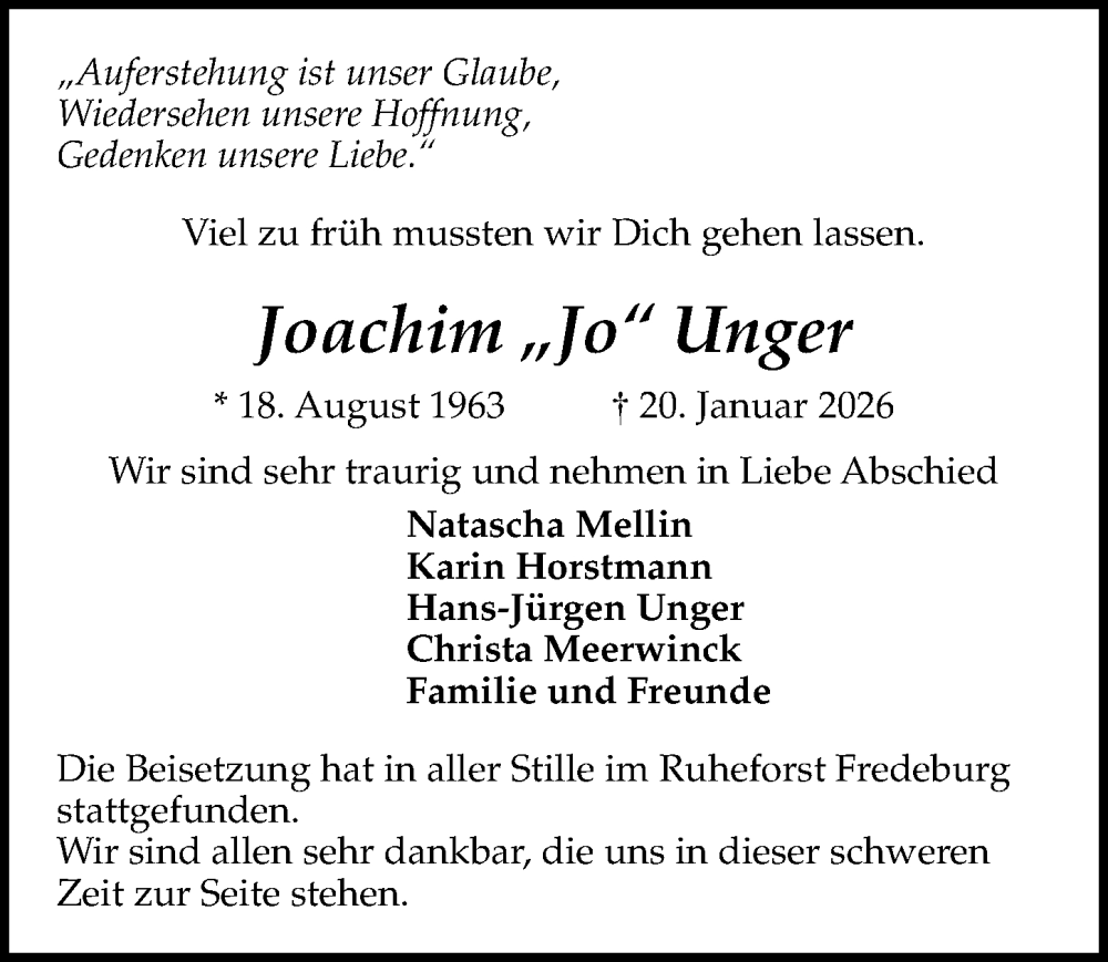  Traueranzeige für Joachim Unger vom 15.02.2026 aus Lübecker Nachrichten