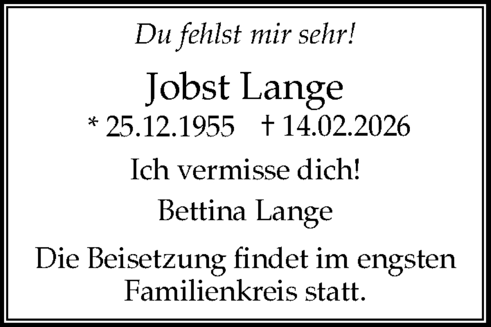  Traueranzeige für Jobst Lange vom 17.02.2026 aus Die Harke