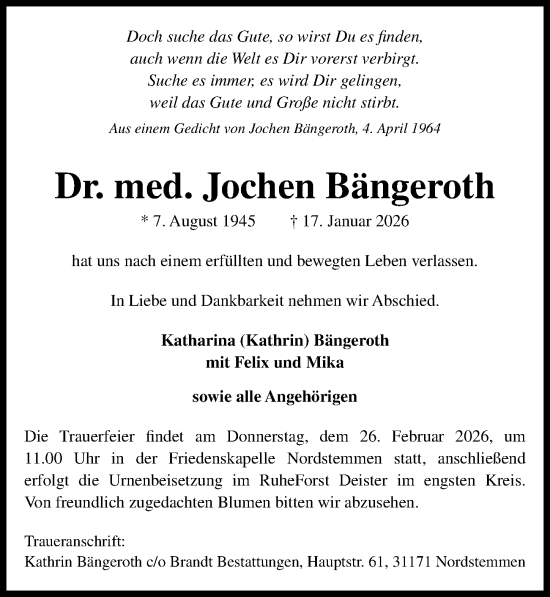 Traueranzeige von Jochen Bängeroth von Hannoversche Allgemeine Zeitung/Neue Presse