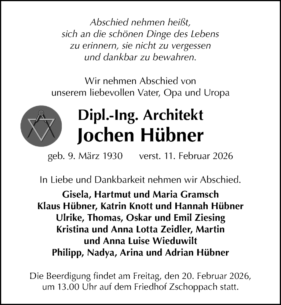  Traueranzeige für Jochen Hübner vom 14.02.2026 aus Leipziger Volkszeitung