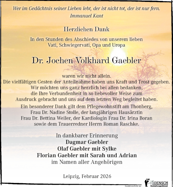 Traueranzeige von Jochen Volkhard Gaebler von Leipziger Volkszeitung