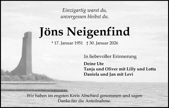 Traueranzeige von Jöns Neigenfind von Kieler Nachrichten
