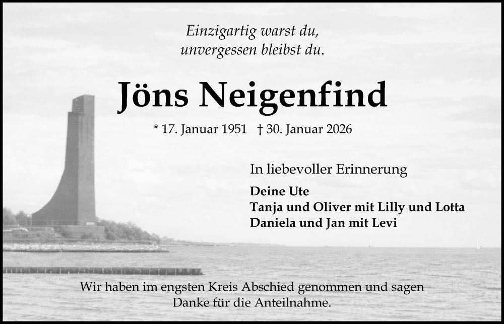  Traueranzeige für Jöns Neigenfind vom 20.02.2026 aus Kieler Nachrichten