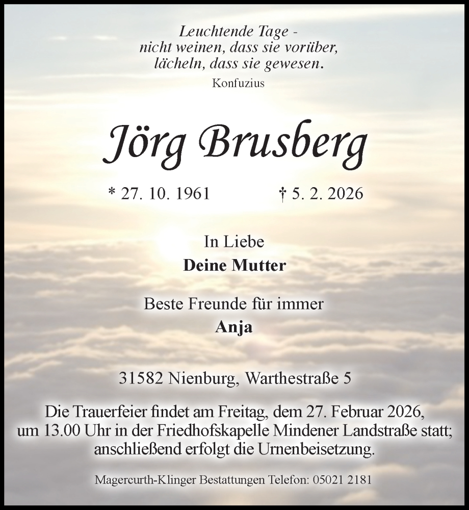  Traueranzeige für Jörg Brusberg vom 21.02.2026 aus Die Harke