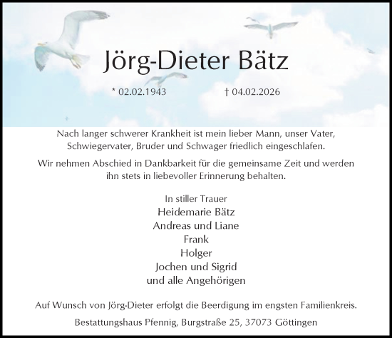 Traueranzeige von Jörg-Dieter Bätz von Göttinger Tageblatt