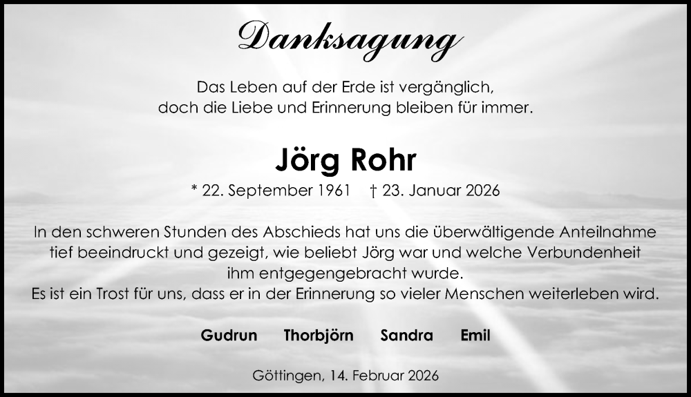  Traueranzeige für Jörg Rohr vom 14.02.2026 aus Göttinger Tageblatt