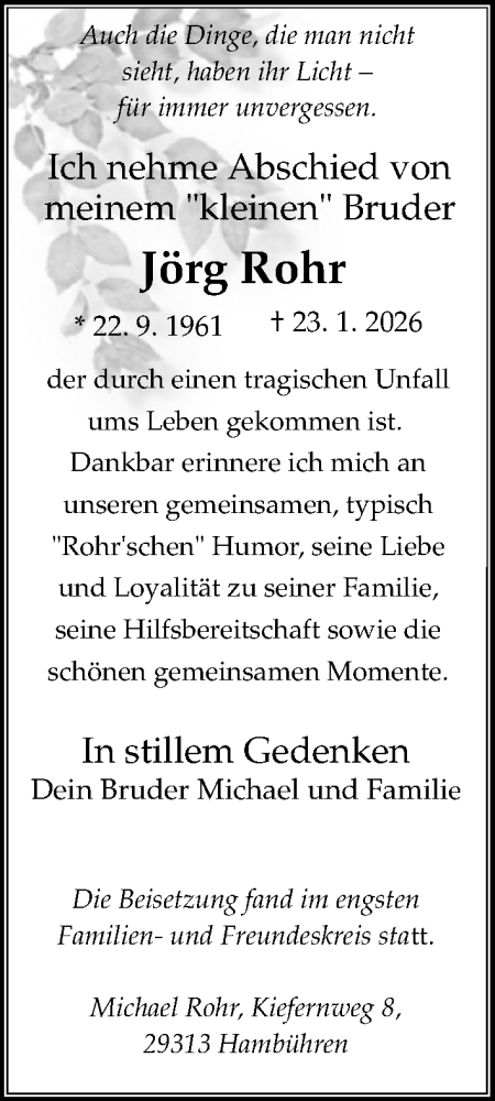  Traueranzeige für Jörg Rohr vom 14.02.2026 aus Göttinger Tageblatt