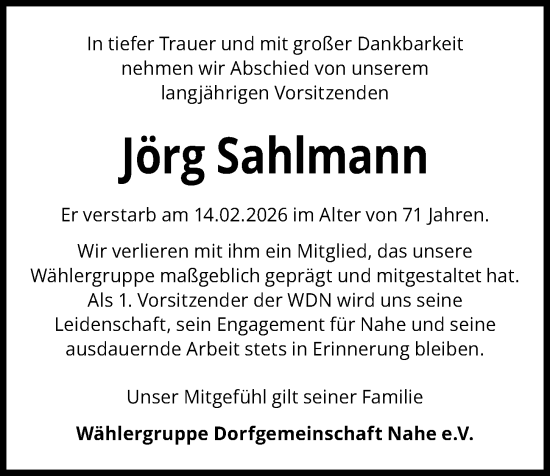 Traueranzeige von Jörg Sahlmann von Kieler Nachrichten