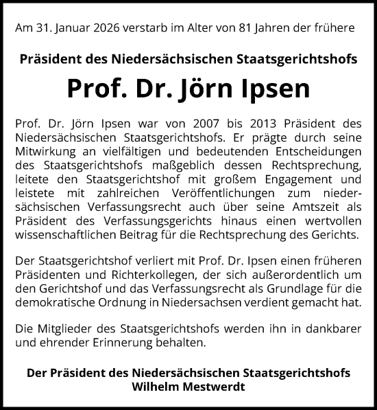 Traueranzeige von Jörn Ipsen von Hannoversche Allgemeine Zeitung/Neue Presse