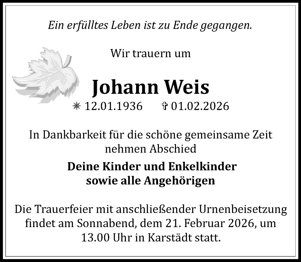  Traueranzeige für Johann Weis vom 14.02.2026 aus Wochenspiegel