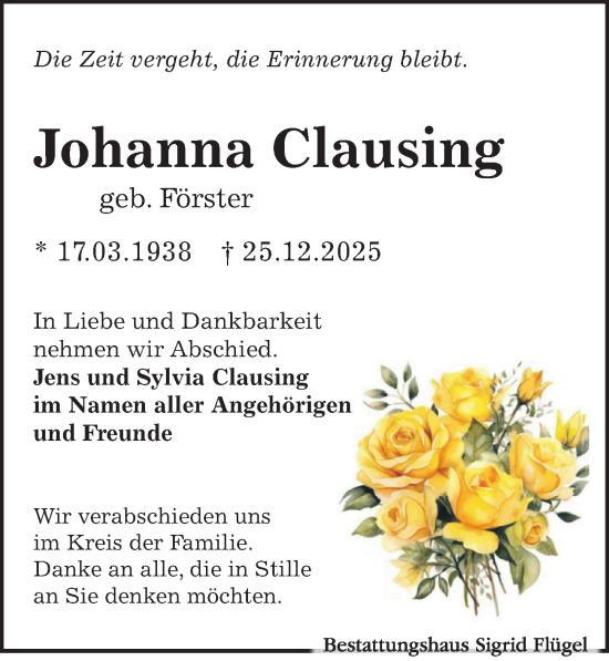 Traueranzeige von Johanna Clausing von Leipziger Volkszeitung