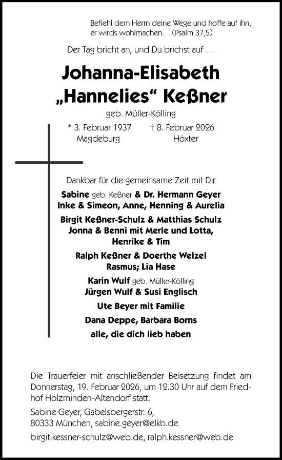 Traueranzeige von Johanna-Elisabeth Keßner von Täglicher Anzeiger Holzminden