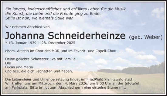 Traueranzeige von Johanna Schneiderheinze von Torgauer Zeitung