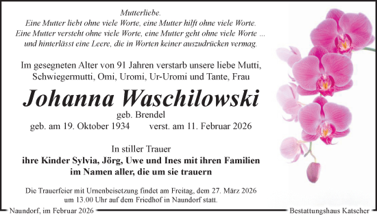 Traueranzeige von Johanna Waschilowski von Leipziger Volkszeitung