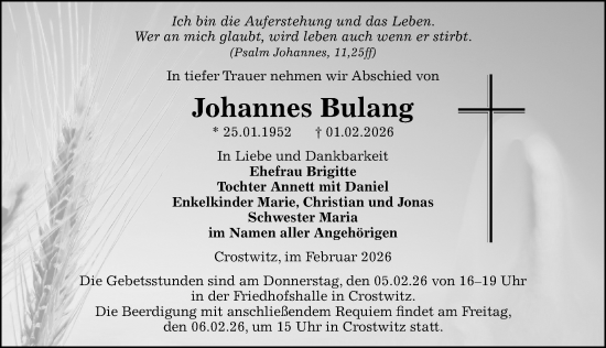 Traueranzeige von Johannes Bulang von Sächsische Zeitung