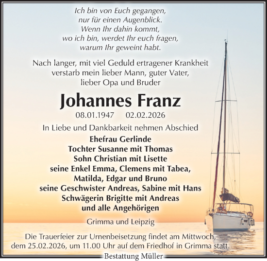 Traueranzeige von Johannes Franz von Leipziger Volkszeitung