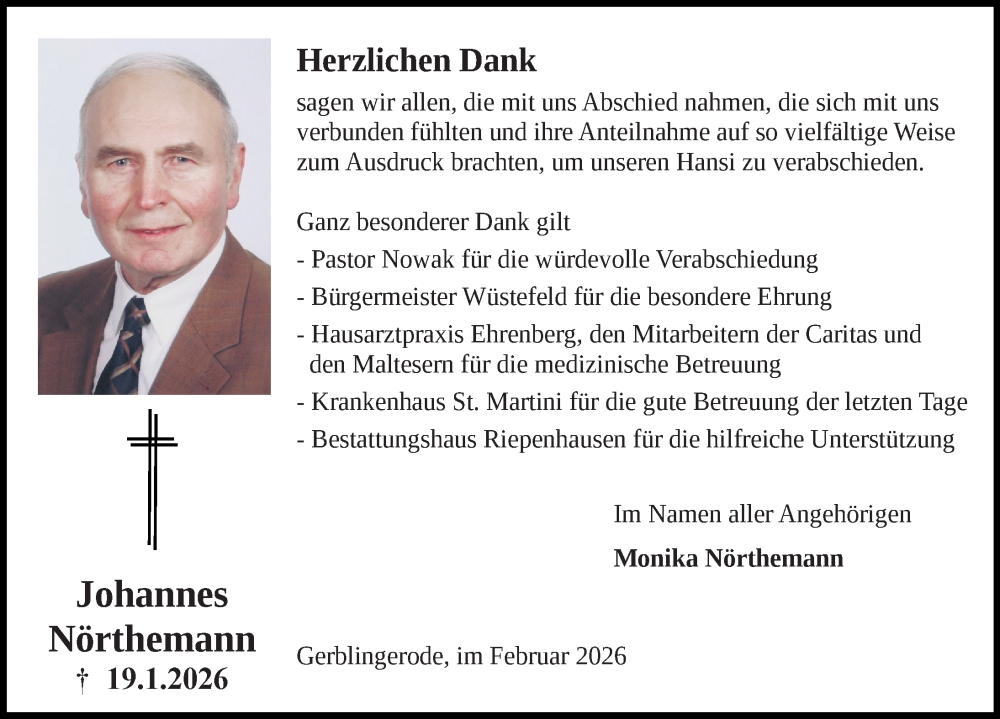  Traueranzeige für Johannes Nörthemann vom 14.02.2026 aus Eichsfelder Tageblatt