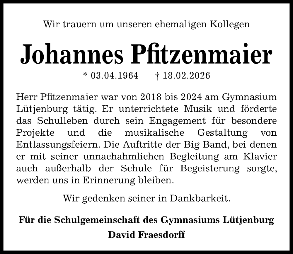  Traueranzeige für Johannes Pfitzenmaier vom 20.02.2026 aus Kieler Nachrichten
