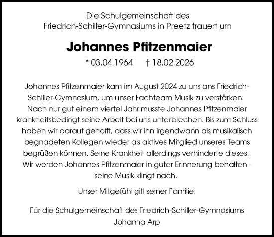 Traueranzeige von Johannes Pfitzenmaier von Kieler Nachrichten