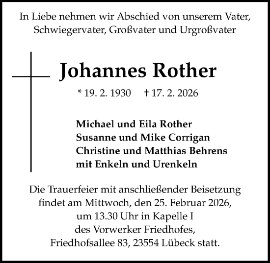 Traueranzeige von Johannes Rother von Lübecker Nachrichten
