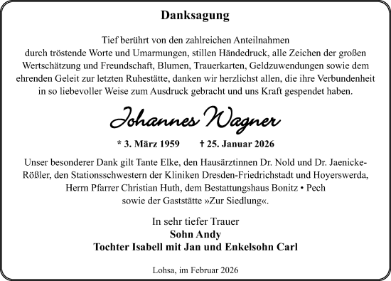 Traueranzeige von Johannes Wagner von Sächsische Zeitung