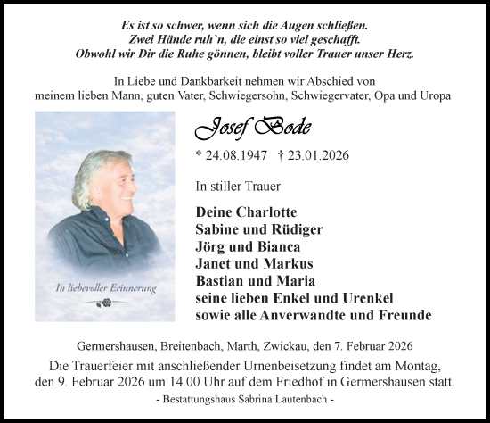 Traueranzeige von Josef Bode von Eichsfelder Tageblatt