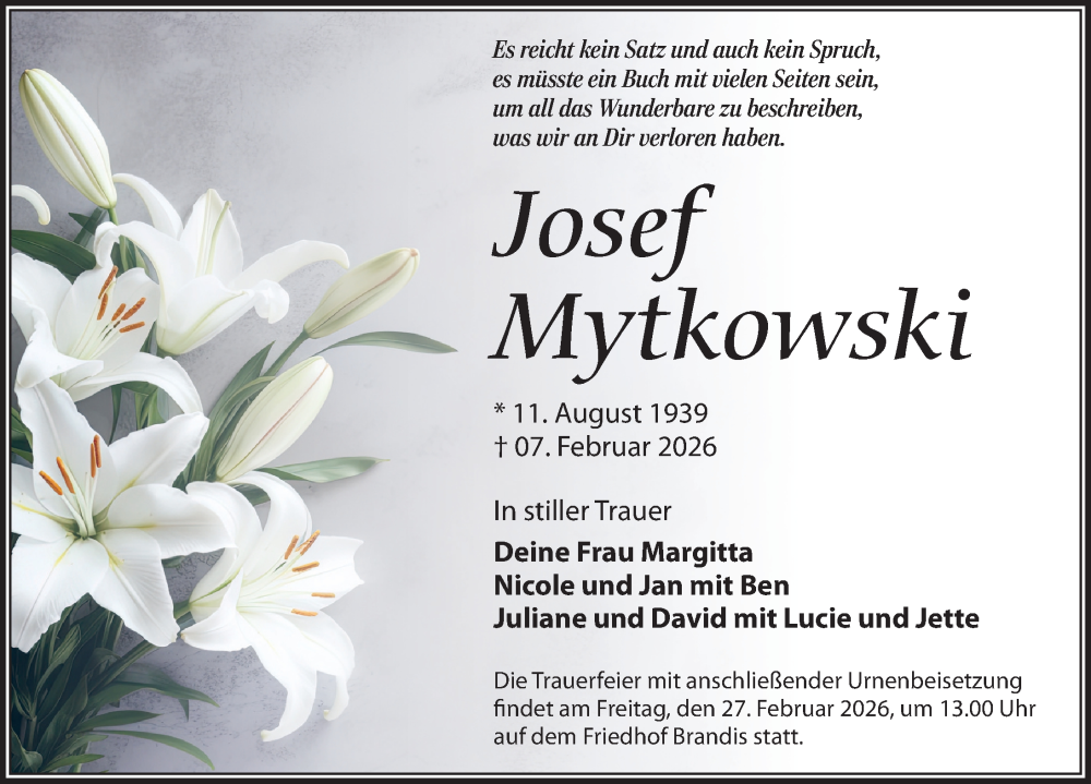  Traueranzeige für Josef Mytkowski vom 21.02.2026 aus Leipziger Volkszeitung