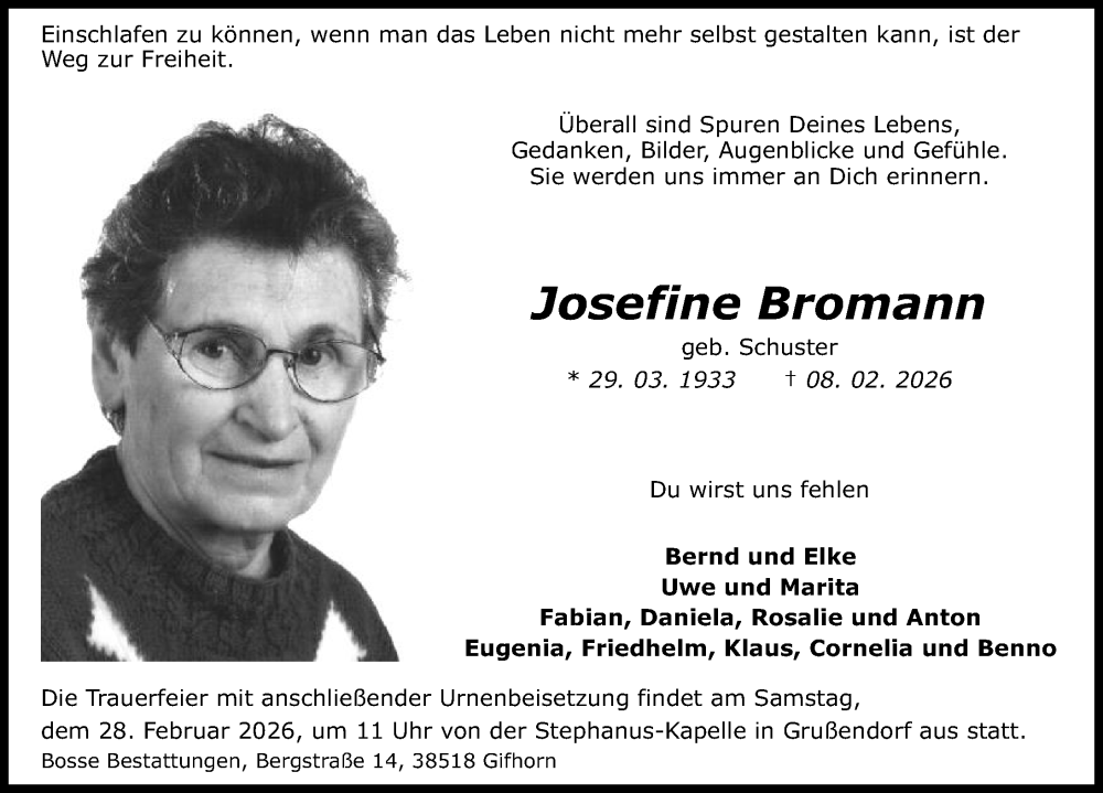  Traueranzeige für Josefine Bromann vom 14.02.2026 aus Aller Zeitung