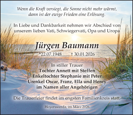 Traueranzeige von Jürgen Baumann von Sächsische Zeitung