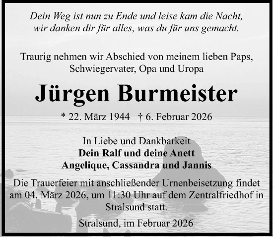 Traueranzeige von Jürgen Burmeister von Ostsee-Zeitung GmbH