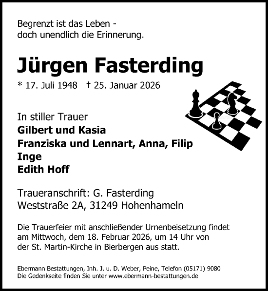 Traueranzeige von Jürgen Fasterding von Peiner Allgemeine Zeitung